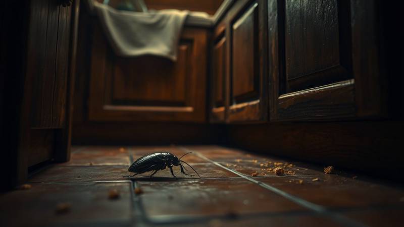 Cafard se cachant dans un coin de cuisine, illustrant sa nature discrète.