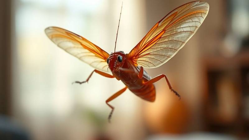 Un cafard américain en plein vol, ailes déployées