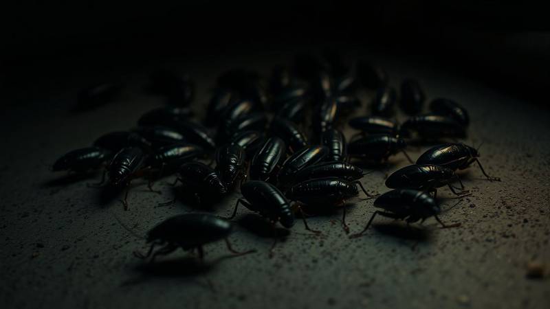 Groupe de cafards noirs (Blatte orientale) dans un environnement sombre