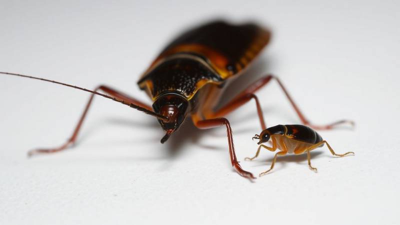 Comparaison de taille entre un petit cafard et un cafard adulte de grande espèce