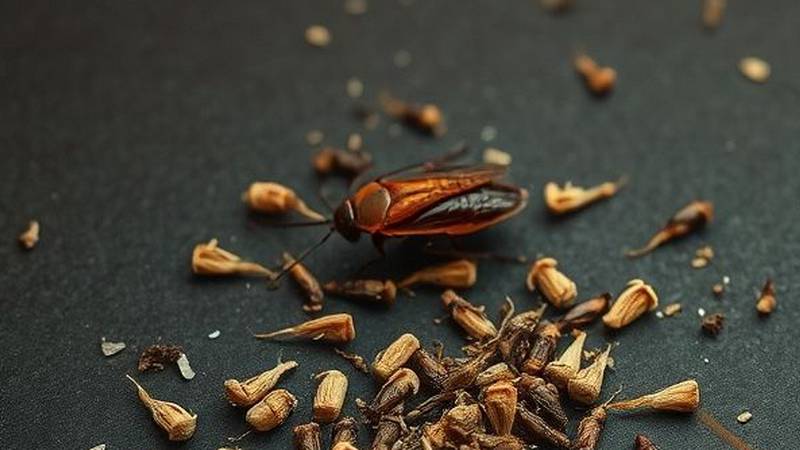 Collage illustrant des excréments de cafards et une oothèque, signes d'une infestation.